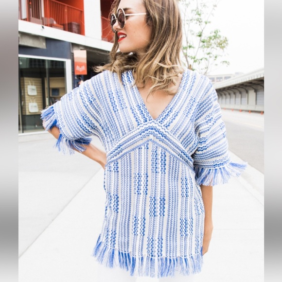 TORY BURCH TEXTURED WOVEN EMPIRE WAIST BOHO BLUE WHITE TUNIC TOP SIZE MEDIUM NWT - Picture 16 of 16